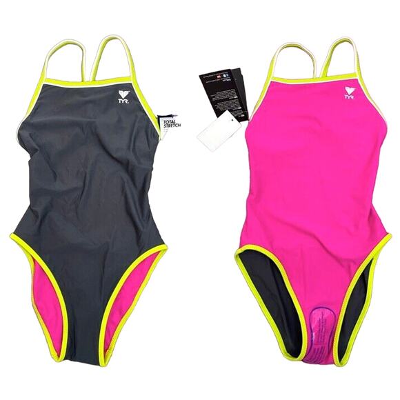TYR HydraSpan Double Binding Reversible DiamondFit 1pc Swimsuit Grey Pink Sz 30 - Picture 1 of 11